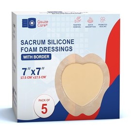 GauzeCare Silicone Sacrum Foam Dressing 7x7 (Pack of 5) – Waterproof Wound Bandages with Adhesive Border, Self-Adhesive and Highly Absorbent Silicone Bandages for Effective Wound Care
