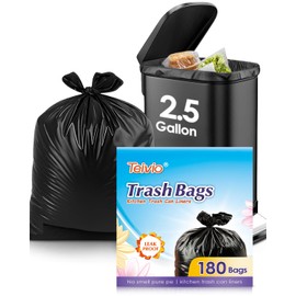 Teivio 2.5 Gallon 180 Counts Small Trash Bags Garbage Bags, Bathroom Trash Can Bin Liners, Small Plastic Bags for home office kitchen, Black