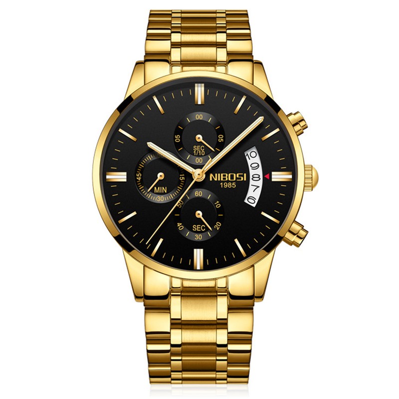 NIBOSI butterfly snap solid steel belt men's watch waterproof coating