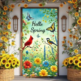 BlissYard Spring Door Cover 71x35 Inch Bird Flower Door Banner Hello Spring Seasonal Front Door Decoration for Welcome Holiday Spring Summer Easter Decor Indoor Outdoor