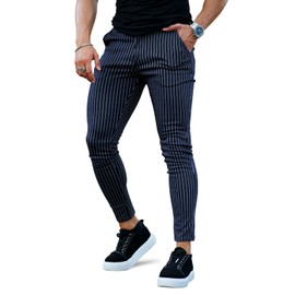 GINGTTO Mens Casual Skinny Pants with Pinstripe Stretch Trouser Skinny Fit Navy Blue Size 34