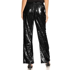 Anna-Kaci Women's Elastic Waist Sparkly Sequin 70's Disco Wide Leg Flare Palazzo Pants, Black, X-Large