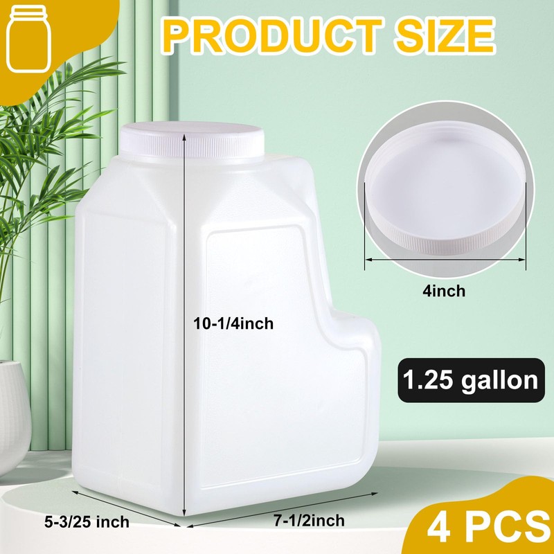 Suzile 4 Pcs 1.25 Gallon White HDPE Plastic Gallon Jar