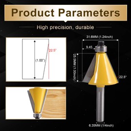 KATUR Chamfer and Edge Cutter 22.5 Degree, Carbide Chamfer Cutter with 1/4 Inch Shank, Wood Cutter (1/4 Inch Shank 22.5 Degree)