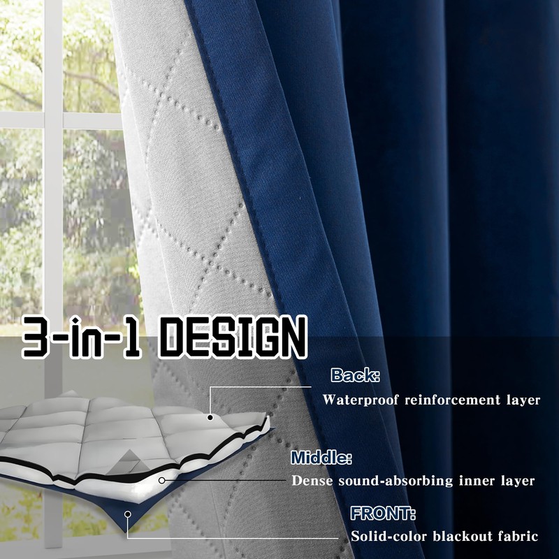 Navy Blue Soundproof Blackout Curtains, 50" x 96", 1 Panel