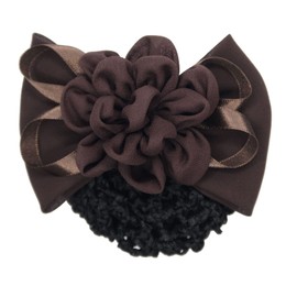 Ribbon Barrette with Net 3D Flower Motif in the Center Brown