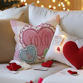 GEEORY Valentine's Day Throw Pillow Covers 18x18 Inch Set of 4, Be My Valentine Hearts Hugs Kisses Love XOXO Sweet Decorative Farmhouse Holiday Cushion Case for Home Decoration G643-18