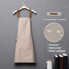 Kitchen Bib Apron with Pockets, Women Men Adjustable Neck Strap Water Resistant Apron for Chef Artist Waiter (Khaki)
