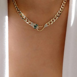 Yheakne Boho Emerald Snake Necklace Green Crystal Snake Choker Necklace Gold Cuban Chain Necklace CZ Snake Necklace Chain Jewellery for Women and Girls, Zinc, No Gemstone