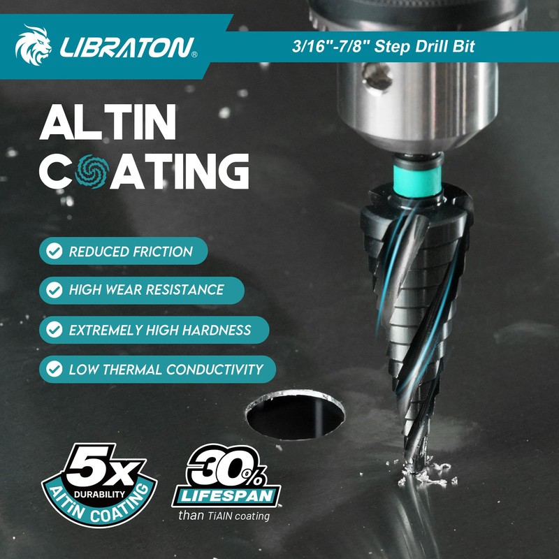 LIBRATON Four Spiral Flute Step Drill Bit, M35 Cobalt Unibit