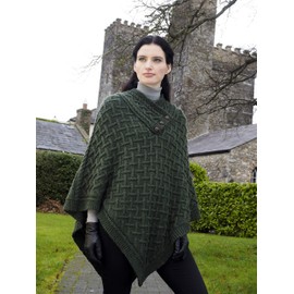 Aran Crafts Women's Irish Cable Knit Wool Nua Button Poncho (N101-S/M-GRE) Green