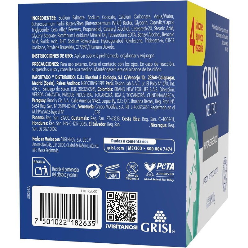 GRISI, Cuadripack Jabón Neutro Limpia y suaviza la piel Pack