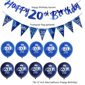 Hongyantech Blue 20 Years Old Man Birthday Decorations: Banner, Triangle Banner, Balloons, Ribbon