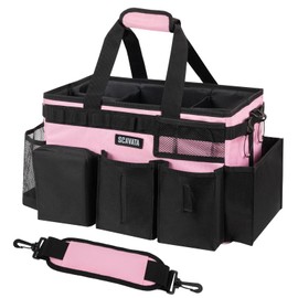 SCAVATA Wearable Cleaning Caddy Bag, Cleaning Caddy Supplies Organizer with Handle & Shoulder Straps for Housekeepers, Under Sink & Car Cleaning Tool Organizers with 4 Foldable Divider (SweetPink)