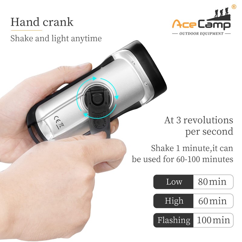 AceCamp Flashlight Hand Crank Solar Powered, IPX6 Emergency Flashlight, Outdoor