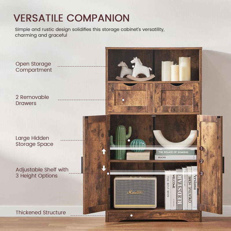 Iwell Storage Cabinet with 2 Drawers & Adjustable Shelves, Cupboard,