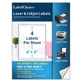 Labelchoice 100 Sheets 400 Labels 4"x5" 4 Up Shipping Address Labels for Laser & Inkjet Printers, Permanent Adhesive 4 to a Page, 4 Stickers per Sheet