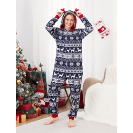 PATPAT Matching Christmas Pajamas for Family Blue Elf Print Xmas Holiday Hooded PJs One Piece Zipper Loungewear Sleepwear Women L