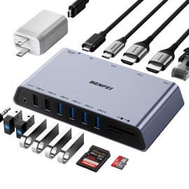 BENFEI 12-in-1 USB 3.0 USB-C Docking Station with Dual HDMI Display/6*USB Ports/SD/TF Card Reader/1Gbps Gigabit Ethernet Network/3.5mm Female Headphone Jack Compatible with Windows and Mac