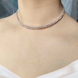 Wedity Bridal Crystal Necklace Silver Earrings Bracelet Set Wedding Choker Necklaces Wedding Jewelry for Women and Girls (1 layer)