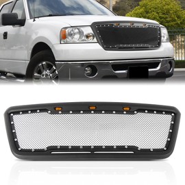 VAVICARS Front Upper Grill Grille Fit For F150 2004 2005 2006 2007 2008, Front Bumper Grill with Amber Lights,Matte Black with Steel Mesh,Chrome Rivet Style