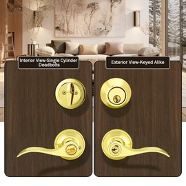 NIZADO 3 Pack Door Handle and Deadbolt Set Brass, Keyed Alike Door Lock Sets with Single Cylinder Deadbolt, Drop Style Reversible Door Handle