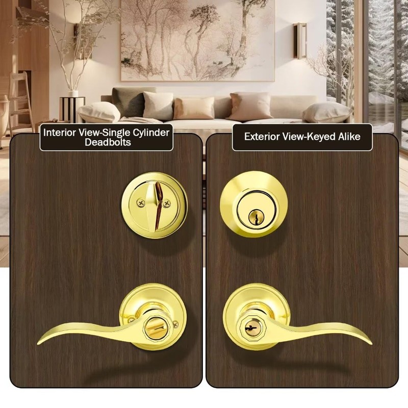 NIZADO 3 Pack Door Handle and Deadbolt Set Brass, Keyed