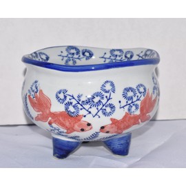 MML 6 inches Oriental Fantail Goldfish Koi and Vine Bowl with feet Jardinière Planter Plant Pot Candy Dish, Multicolor