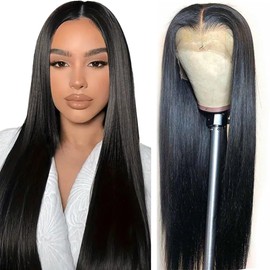 AOWVUTS Glueless Wigs Straight Perücke für Damen 13x6 Lange Gerade Spitze Front Synthetische Perücke 180% Density Mittelteil HD Transparent Kleberlose Perücke Vorgezupft Haaransatz