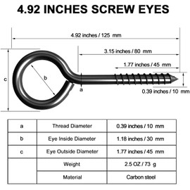 5 Inch Stainless Steel Screw Eyes, 4Pcs Eye Bolt Lag Screw, Black Eye Hooks Screw for Wood, Self Tapping Eyelet Screws Eye Bolts, Securing Cables Wires, Sturdy Hanging Hooks for Indoor & Outdoor Use