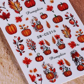 Fall Maple Leaf Nail Stickers 6PCS Pumpkin Maple Leaves Nails Design 3D Self-Adhesive Nail Decals Harvest Party Autumn Nail Art Stickers Thanksgiving Day Nail Supplies for Women Manicure Decorations