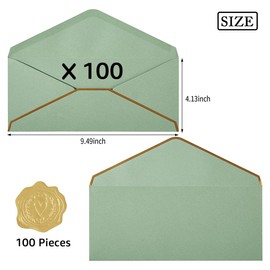 100 Pack #10 Business Envelopes with Gold Border, Self Seal Standard Envelopes with Gold Stickers for Office, Checks, Letter Mailing, Invoices, 4 1/8 x 9 1/2 Inches (Sage-Green)