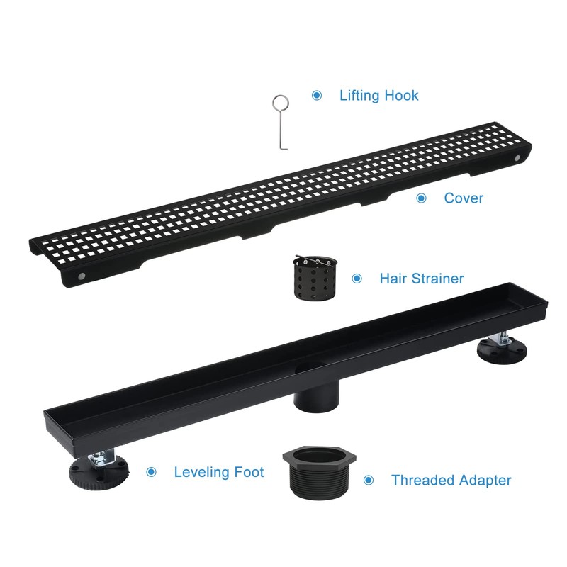 Elefloom Linear Shower Drain, 28 inch Black Drain with Removable