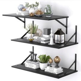 kikankent 12 Inch Deep Floating Shelves for Wall, 24" W x 12" D Black Floating Shelves Set of 3, Large Wide Wall Shelves for Living Room, Kitchen, Office, Bedroom, Bathroom