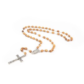 Miraculous Medal Rosary - 22.5" Olive Wood Rosary Necklace From The Holy Land Of Jerusalem - Catholic Wooden Rosary With Wooden Rosary Beads, Crucifix & Miraculous Medal