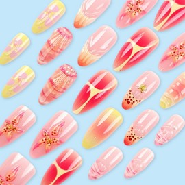 Almond Press on Nails Medium SWEKKE 3D Floral Fake Nails French Tip False Nails with Pearls Flower Polka Dots Designs Glossy Glue on Nails Summer Acrylic Nails for Women Girls 24Pcs