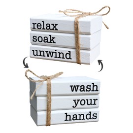 Farmhouse Mini Bookstack for Bathroom Decor Wooden Books for Restroom Shelf Decorative Accent for Guest Bathroom Sign, 2 Signs in 1 Reversible - Wash Your Hands/Relax Soak Unwind