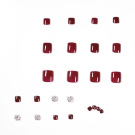 Nail Apparel French Tips Press on Toenails Short Square Toe Nail Summer Acrylic False Toe For Woman 24 Pcs (Cherry Red Rhinestone)