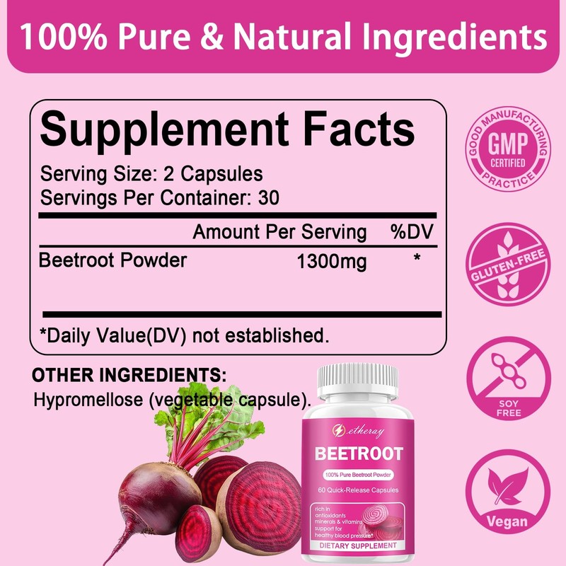 etheray Beet Root Capsules - 1300mg Organic Pure Beetroot Powder