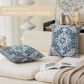 ECZOIL Set of 2 Boho Cushion Covers, 40 x 40 cm, Decorative Boho Style Vintage Decorative Cushion Covers for Sofa, Armchair, Home, Bedroom with Hidden Zip, Blue and White