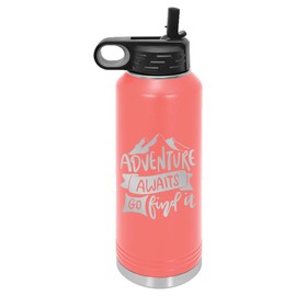 Adventure Awaits Water Bottle | Insulated Water Bottles | Laser Engraved Water Bottle | Stainless Steel Water Bottle with Straw (20 oz, Coral)