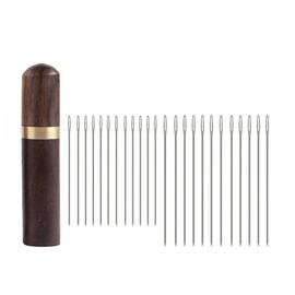 WUTA 24 Pcs Leather Sewing Needles with Black Wood Case, Round Point Large Eye Stitching Needles, Stainless Steel Hand Sewing Needle for Leathercraft(S+L)