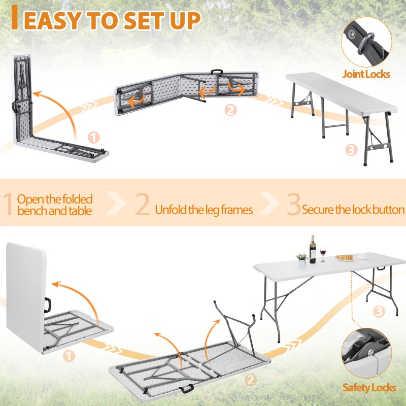 SEGAWE Folding Table Set w/2 Benches 6FT Camping Picnic Table