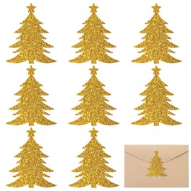 Whaline 200Pcs Christmas Tree Stickers Glitter Gold Xmas Tree Envelope Seal Stickers Self-Adhesive Party Favor Sealing Labels for Holiday Wedding Invitations Cards Gift Decor