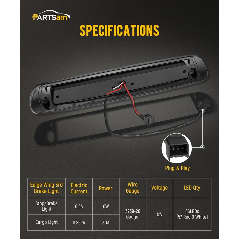 Partsam Eagle-Wing LED 3rd Third Brake Light with Strobe High