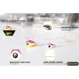 ALPHA and OMEGA - Tungsten Jig KIT (6 Jigs) (7mm / Hook #8 Long Shank) Ultra Glow & UV Ice Fishing Jigs Lures Trout Crappie Perch Bluegill Bass Whitefish Walleye (Pack of 6)