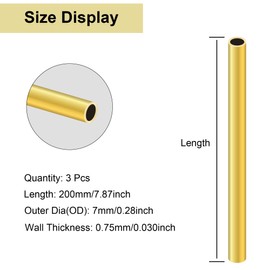 LAVMHAB Round Brass Tube 7mm OD x 0.75mm Wall Thickness x 200mm Length, Seamless Round Brass Pipes Tubing for DIY Craft (3 Pcs)