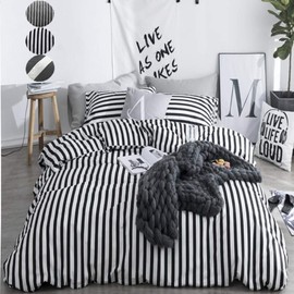 CLOTHKNOW Black White Stripes Duvet Cover Sets King Cotton Farmhouse Bedding Sets King Mens Women Bedding Duvet Cover Ticking Striped Bedding 3Pcs Bedding Cover Sets with Zipper Closure