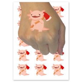 Axing Axolotl with Axe Temporary Tattoo Water Resistant Fake Body Art Set Collection - 54 1" Tattoos (1 Sheet)