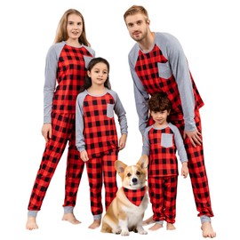 Family Matching Christmas Pajamas, Holiday Pajama Sets for Family and Pets Scarf Pjs Xmas Outfits, Black Grey Plaid,One Size